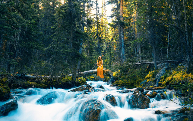 Woman yellow dress forest river free wallpaper for desktop - medium preview image