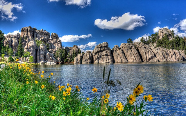 Lake rocks flowers blue sky free wallpaper for desktop - medium preview image