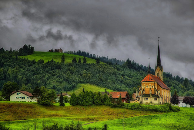 Church hill cloudy sky green free wallpaper for desktop - medium preview image