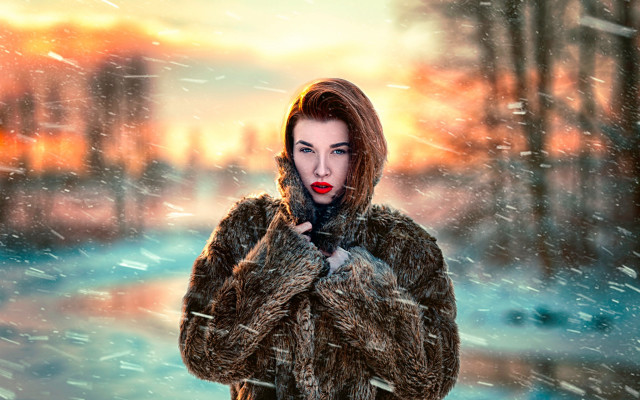 Woman fur coat snow red free wallpaper for desktop - medium preview image