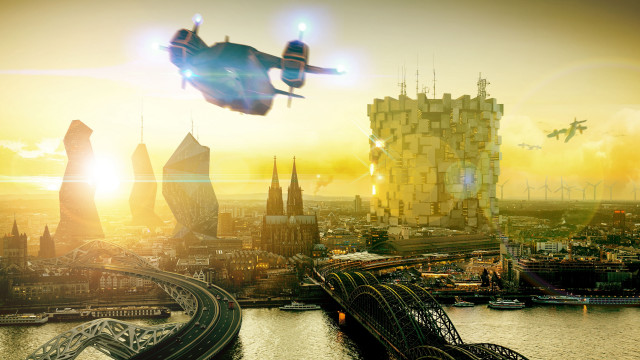 Futuristic city airplane bridge sunset free wallpaper for desktop - medium preview image