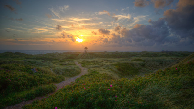 Lighthouse path grassy hill sunset free wallpaper for desktop - medium preview image