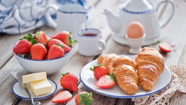 Croissants strawberries tea cheese food free wallpaper for desktop - medium preview image