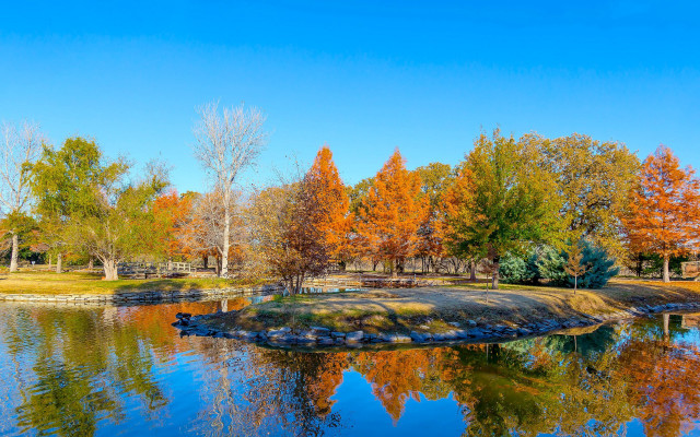 Pond autumn trees blue sky free wallpaper for desktop - medium preview image