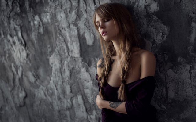 Woman long hair tattoo purple free wallpaper for desktop - medium preview image