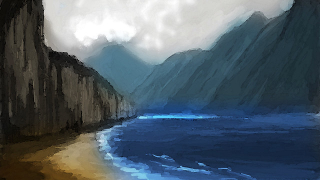 Mountain lake cliff cloudy sky free wallpaper for desktop - medium preview image