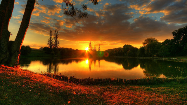 Sunset lake forest church autumn free wallpaper for desktop - medium preview image