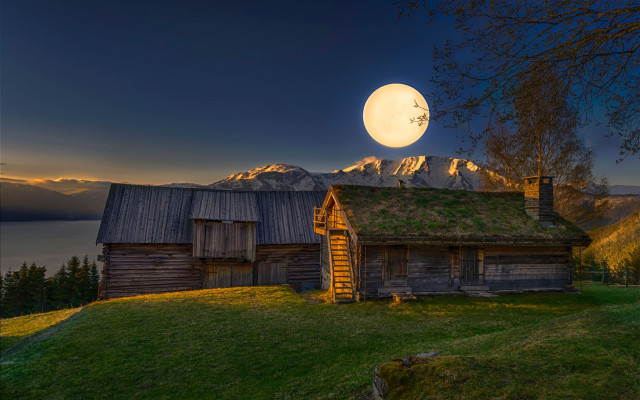 House green roof full moon free wallpaper for desktop - medium preview image