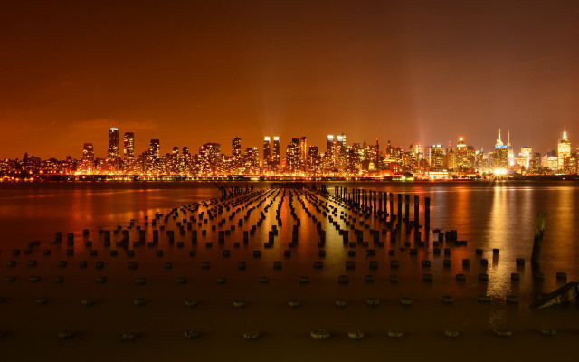 City skyline night reflection pier free wallpaper for desktop - medium preview image
