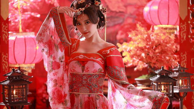 Red lantern cherry blossoms kimono free wallpaper for desktop - medium preview image