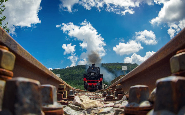 Train forest clouds tiltshift mountains free wallpaper for desktop - medium preview image