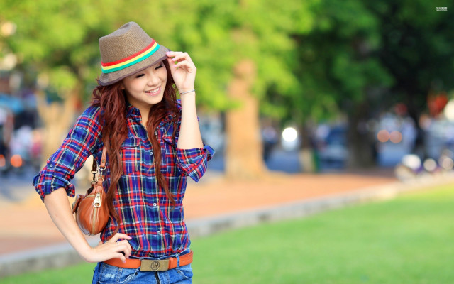 Woman plaid shirt hat pose free wallpaper for desktop - medium preview image