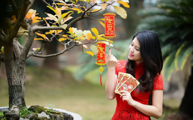 Woman fan tree chinese decoration free wallpaper for desktop - medium preview image
