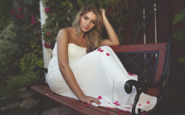 Woman white dress bench flower free wallpaper for desktop - medium preview image