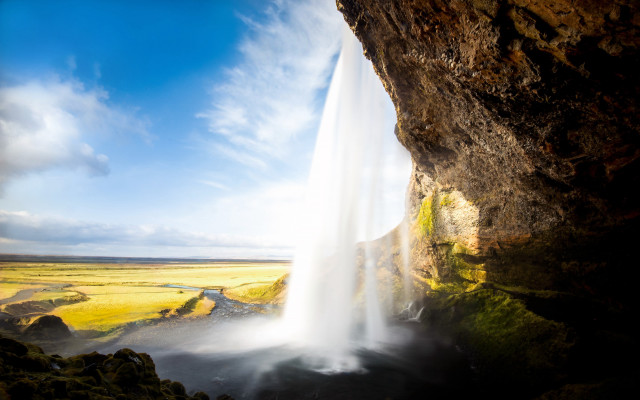 Iceland waterfall cave mountains blue free wallpaper for desktop - medium preview image