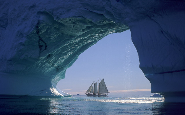 Sailboat iceberg ocean mountains sky free wallpaper for desktop - medium preview image