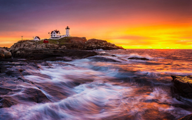 Lighthouse rocky shore waves sunset #2 free wallpaper for desktop - medium preview image