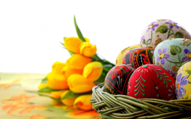 Basket colored eggs yellow tulip free wallpaper for desktop - medium preview image