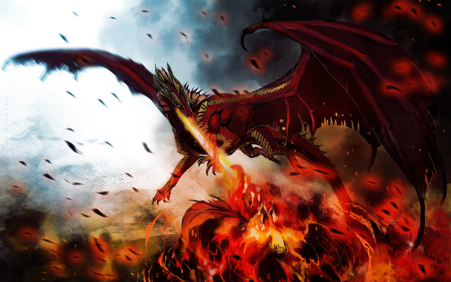 Red dragon flying fire flames free wallpaper for desktop - medium preview image