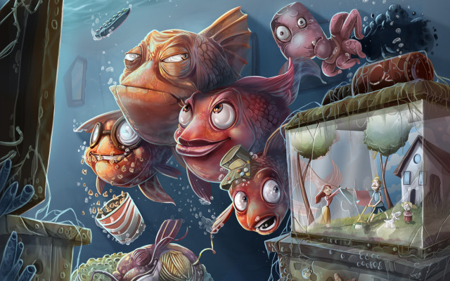 Fish man boat water surreal free wallpaper for desktop - medium preview image