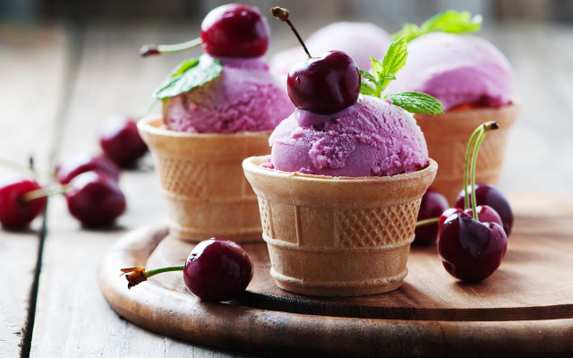 Ice cream cones cherries wooden free wallpaper for desktop - medium preview image