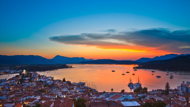 Sunset city boats mountains red free wallpaper for desktop - medium preview image