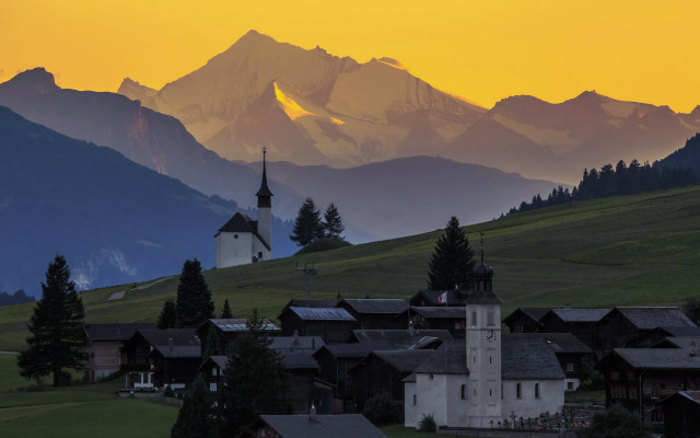 Village church mountains sunset nature free wallpaper for desktop - medium preview image