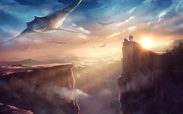 Cliff dinosaur sky woman matte free wallpaper for desktop - medium preview image
