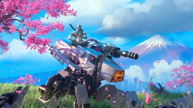 Futuristic robot flower field mountain free wallpaper for desktop - medium preview image