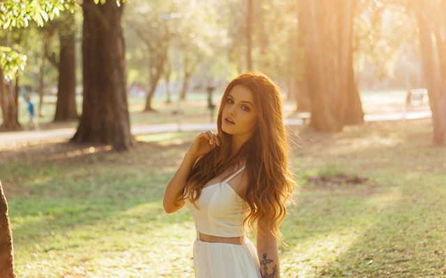 Red haired woman park white free wallpaper for desktop - medium preview image