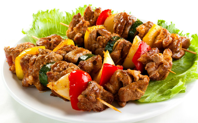 Meat vegetables skewers lettuce food free wallpaper for desktop - medium preview image