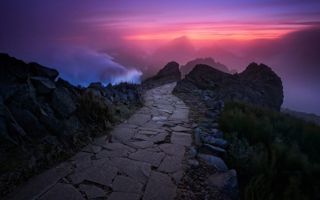 Mountain path sunset clouds neo free wallpaper for desktop - medium preview image