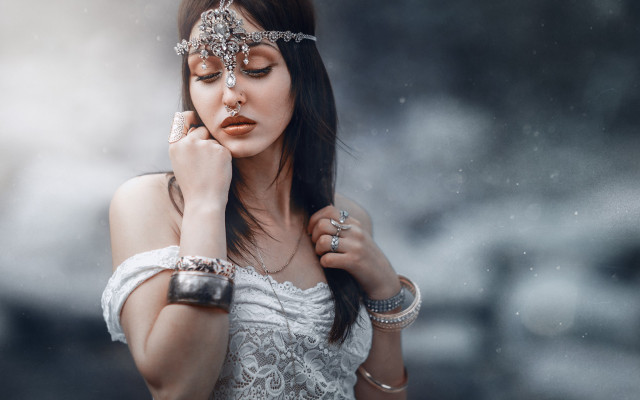 Woman white dress silver jewelry free wallpaper for desktop - medium preview image