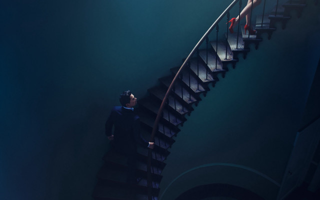 Man spiral staircase highheels woman free wallpaper for desktop - medium preview image