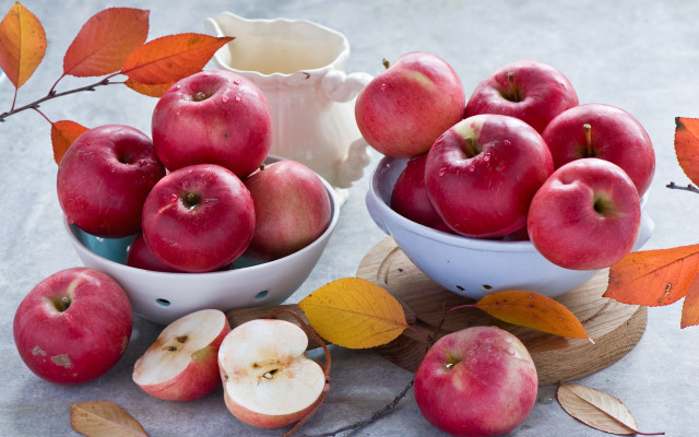 Bowl apples table vibrant leaves free wallpaper for desktop - medium preview image