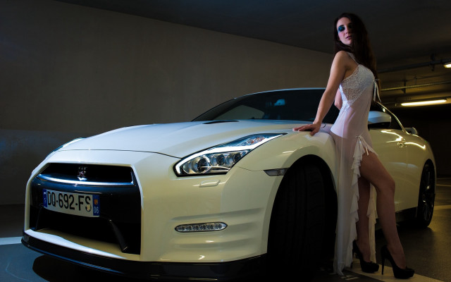 White dress woman leaning car free wallpaper for desktop - medium preview image