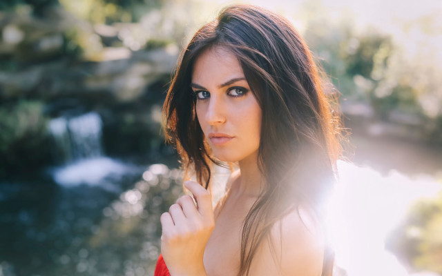 Woman red dress waterfall portrait free wallpaper for desktop - medium preview image