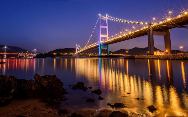 Night bridge city mountains fireworks free wallpaper for desktop - medium preview image