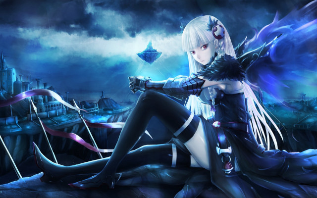 White haired woman sitting city free wallpaper for desktop - medium preview image