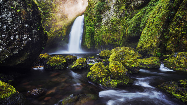 Waterfall forest mossyrocks flowingwater trees free wallpaper for desktop - medium preview image