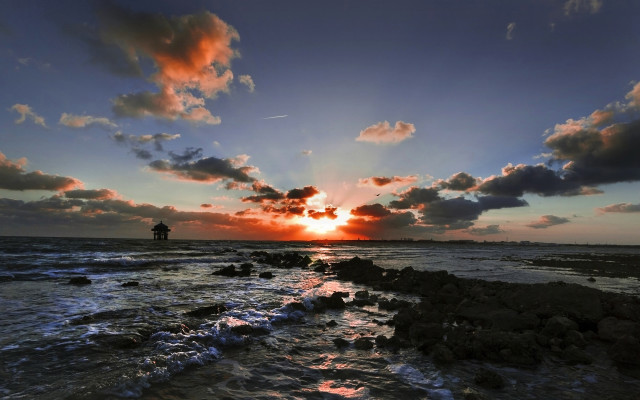 Person rock ocean sunset clouds free wallpaper for desktop - medium preview image