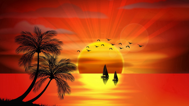 Sunset sailboat palm trees horizon free wallpaper for desktop - medium preview image