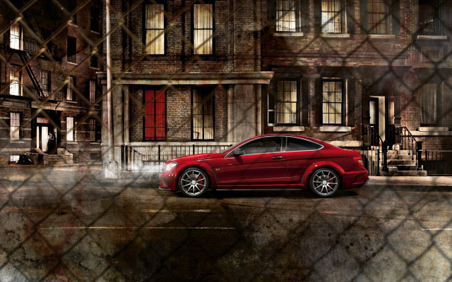 Red car building fence brick free wallpaper for desktop - medium preview image
