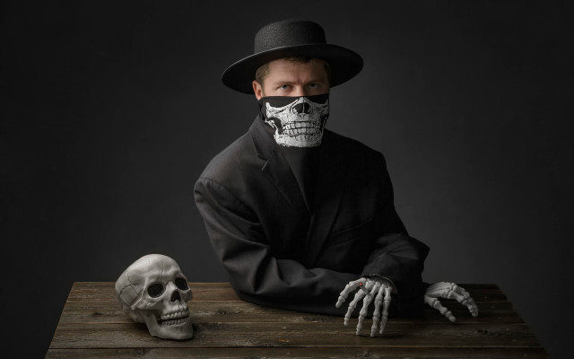Man skeleton mask table transgressive free wallpaper for desktop - medium preview image