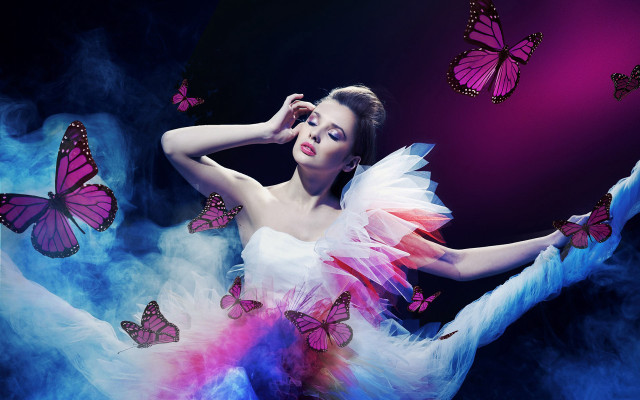White dress pink butterflies purple free wallpaper for desktop - medium preview image