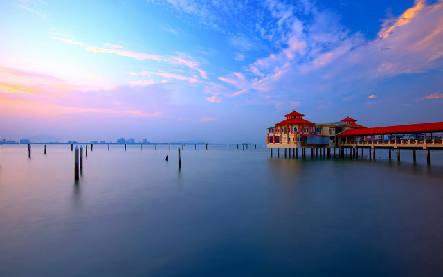 Pier red roof red building free wallpaper for desktop - medium preview image