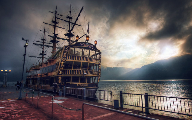Large boat pier cloudy sky free wallpaper for desktop - medium preview image