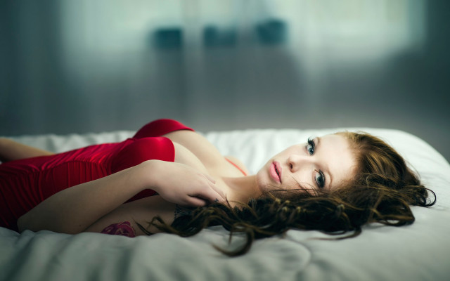 Woman red dress blowing hair free wallpaper for desktop - medium preview image