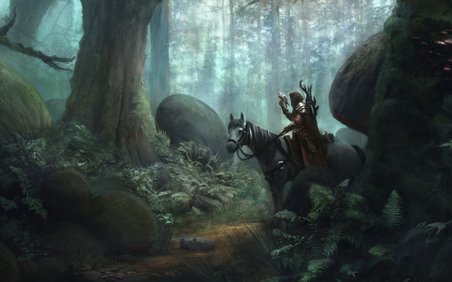 Man horse forest hillside fantasy free wallpaper for desktop - medium preview image