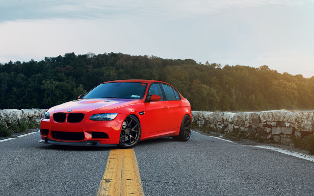 Red car stone wall trees free wallpaper for desktop - medium preview image